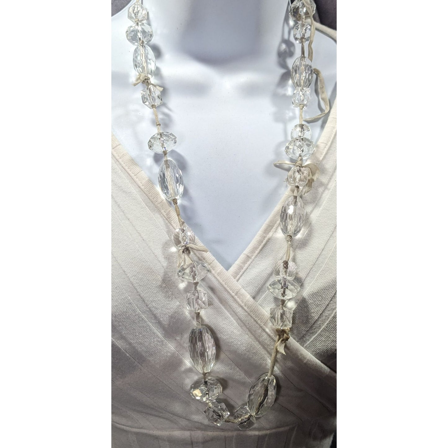 J.Crew Chunky Clear Beaded Grey Ribbon Station Necklace