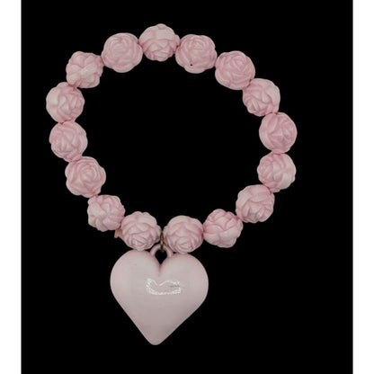 Coquette Love Pink Floral Stretch Bracelet With Heart Charm