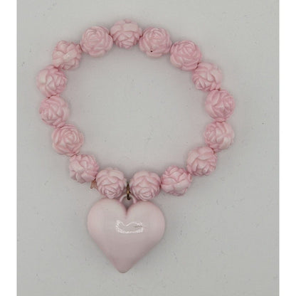 Coquette Love Pink Floral Stretch Bracelet With Heart Charm