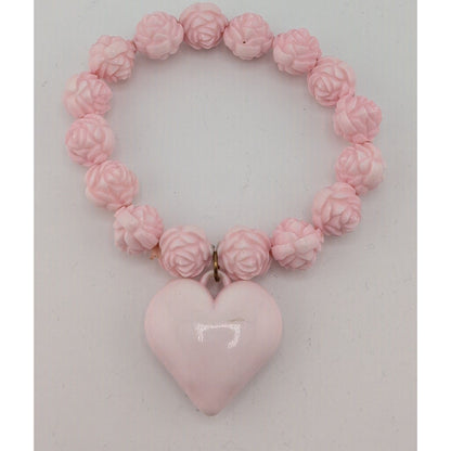Coquette Love Pink Floral Stretch Bracelet With Heart Charm