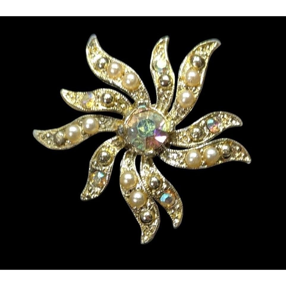 Vintage 40s Sun Burst Gold Tone Pendant With AB Rhinestones And Faux Pearls