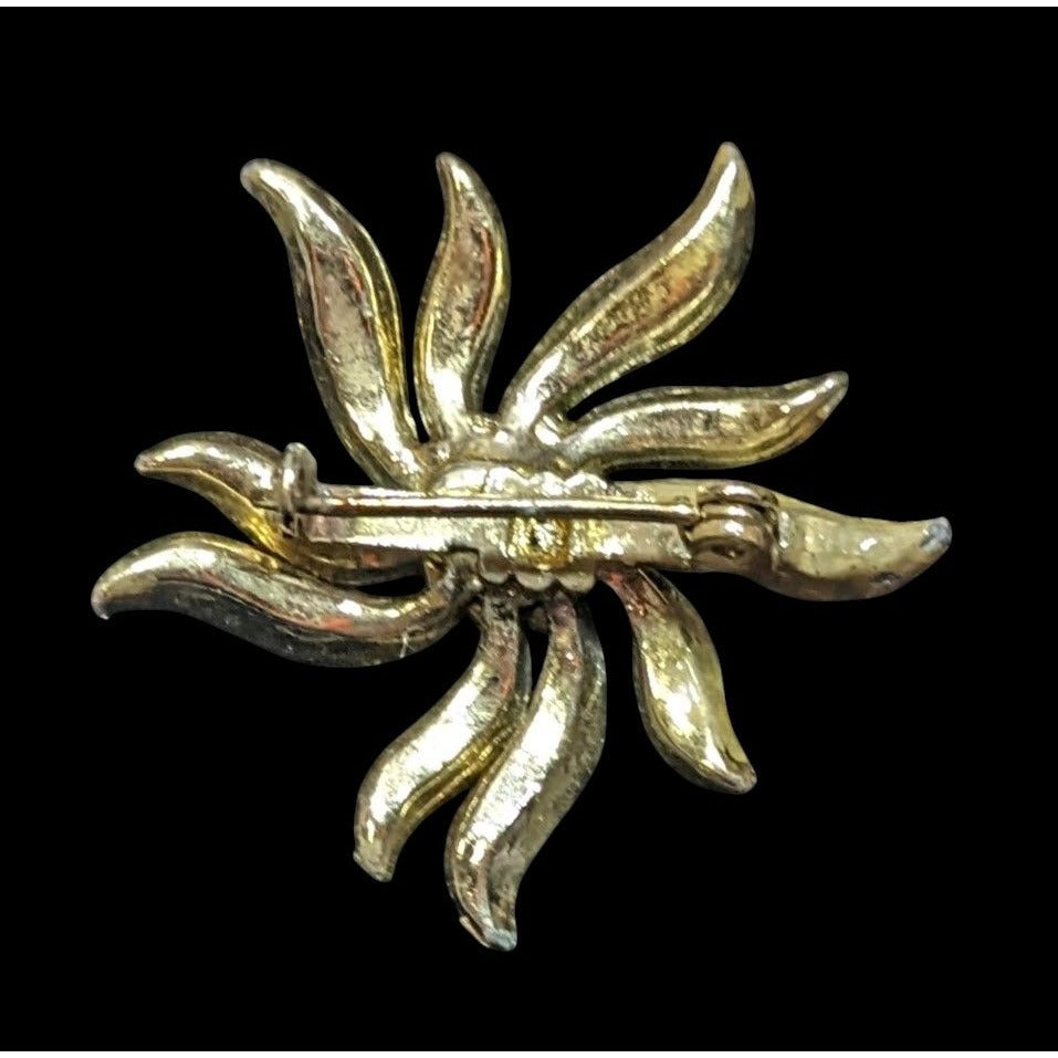 Vintage 40s Sun Burst Gold Tone Pendant With AB Rhinestones And Faux Pearls