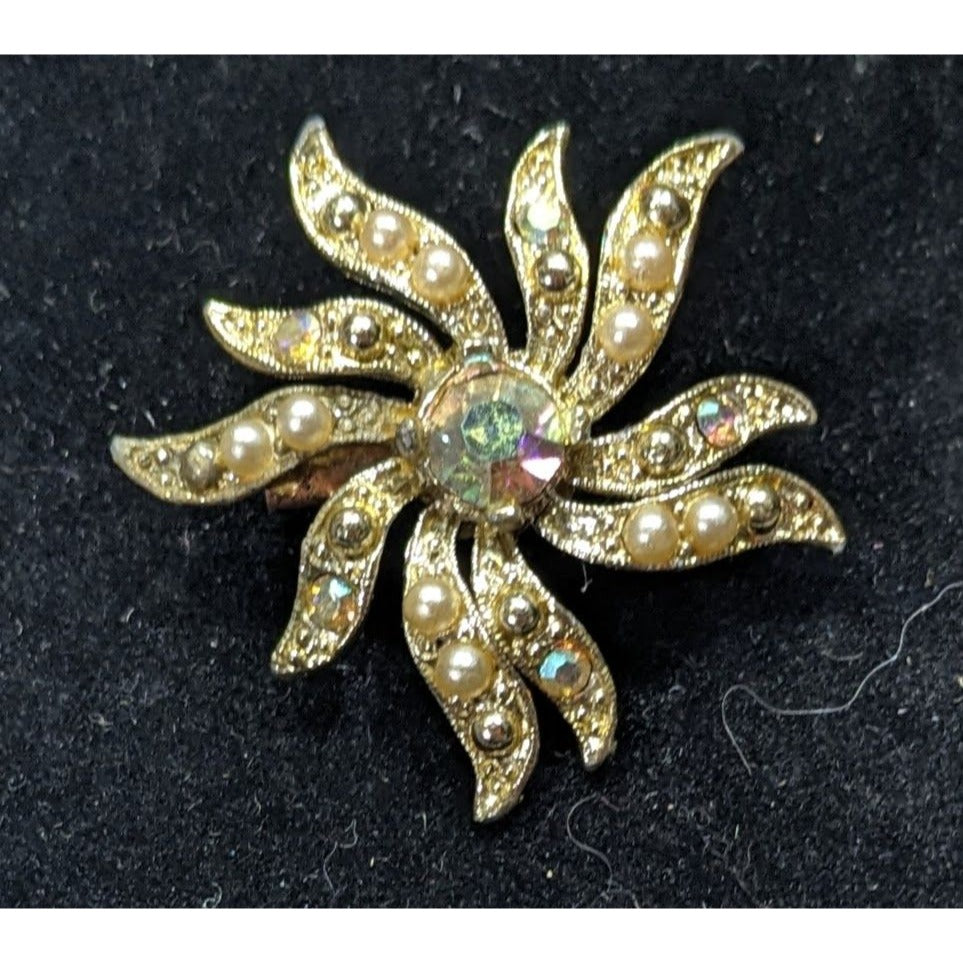 Vintage 40s Sun Burst Gold Tone Pendant With AB Rhinestones And Faux Pearls