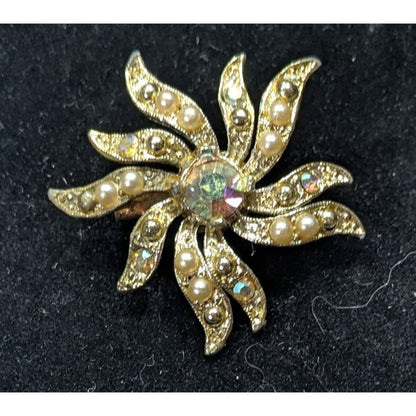 Vintage 40s Sun Burst Gold Tone Pendant With AB Rhinestones And Faux Pearls
