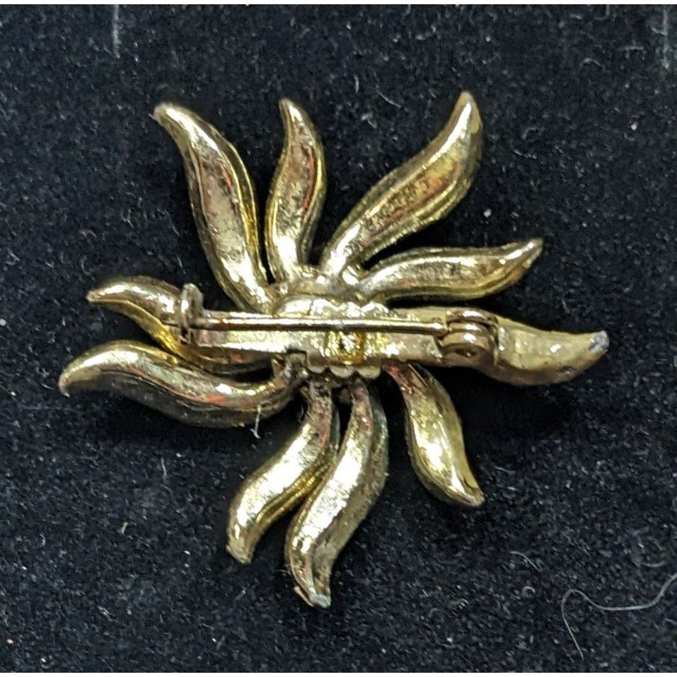 Vintage 40s Sun Burst Gold Tone Pendant With AB Rhinestones And Faux Pearls