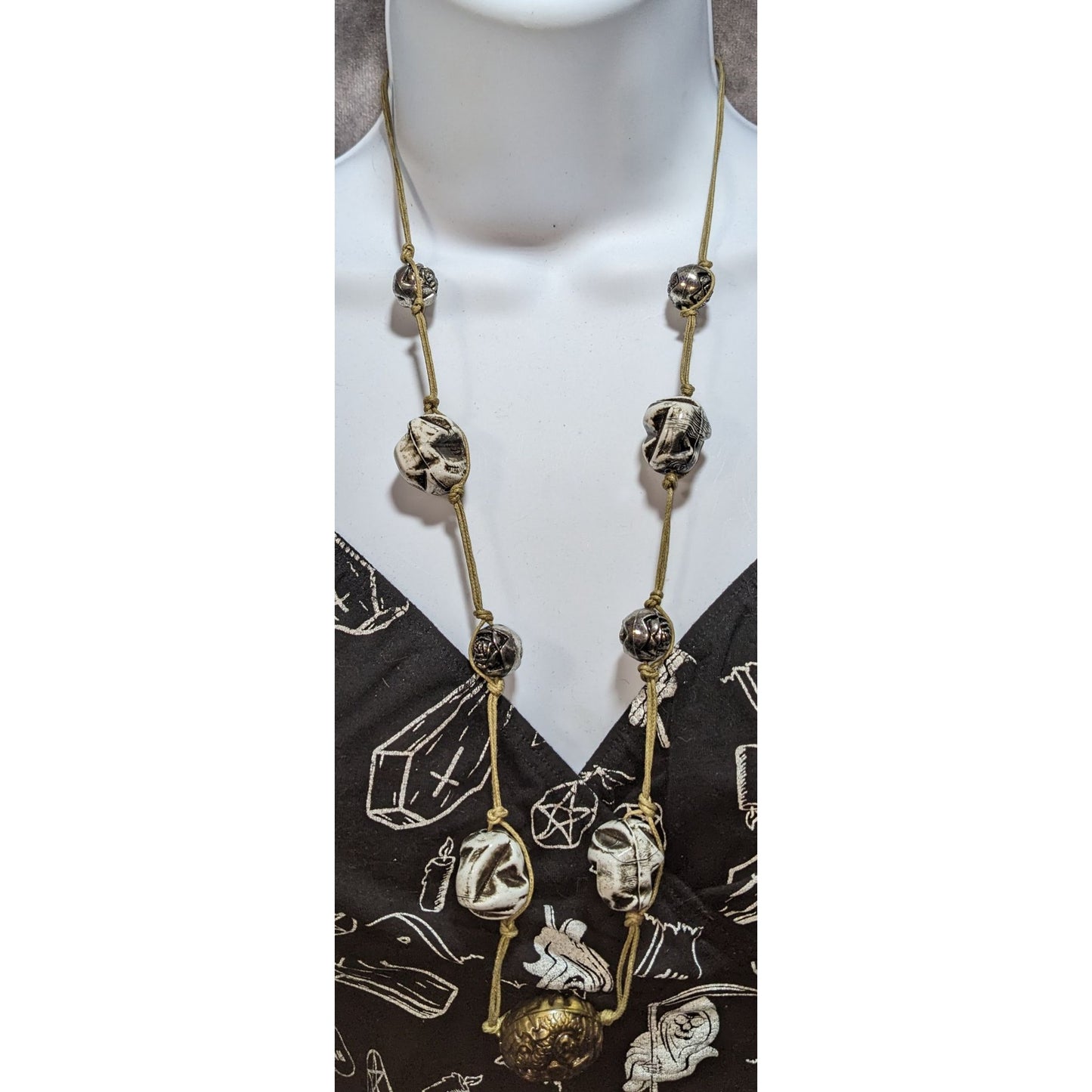 Brutalist Handcrafted Necklace With Carved Ceramic & Metal Beads