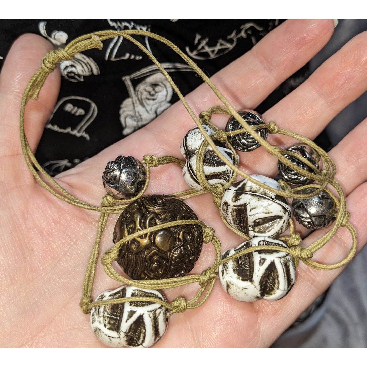 Brutalist Handcrafted Necklace With Carved Ceramic & Metal Beads