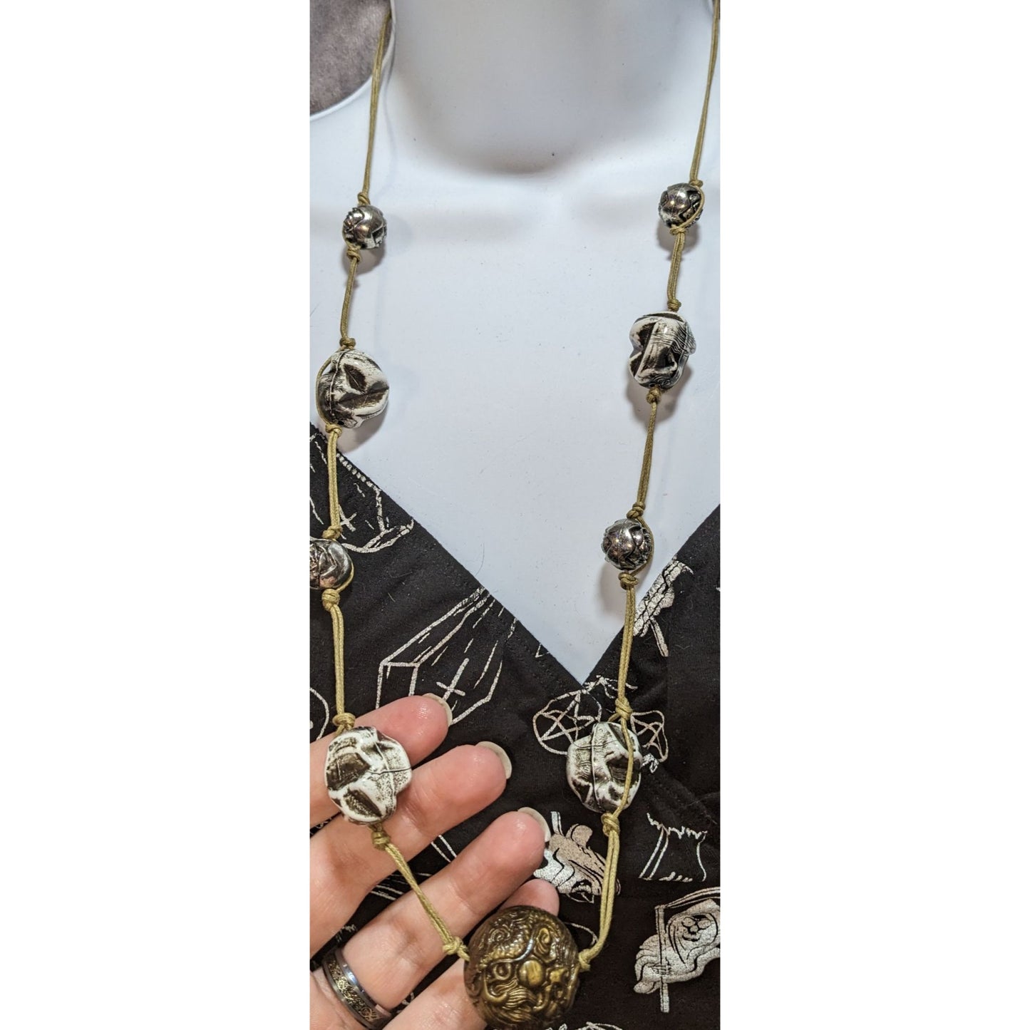 Brutalist Handcrafted Necklace With Carved Ceramic & Metal Beads