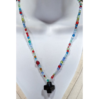 Handmade Rainbow Glass Beaded Cross Necklace