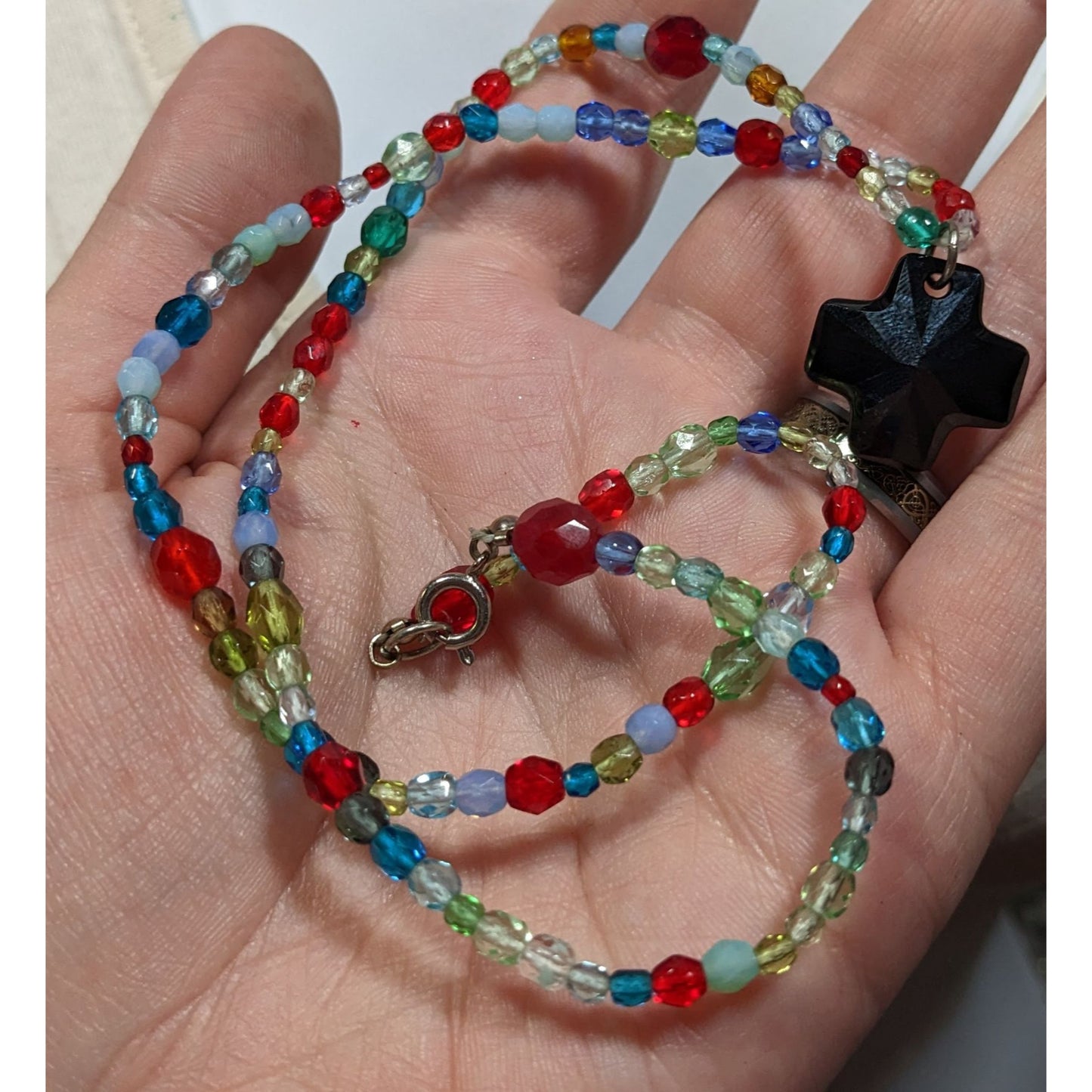 Handmade Rainbow Glass Beaded Cross Necklace