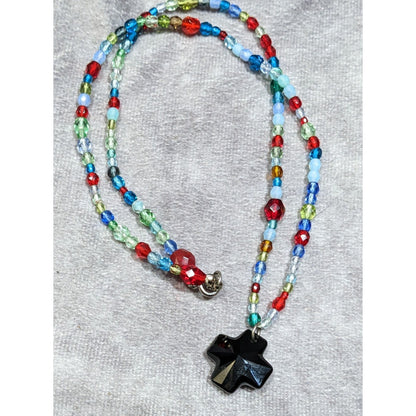 Handmade Rainbow Glass Beaded Cross Necklace