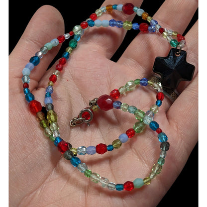 Handmade Rainbow Glass Beaded Cross Necklace