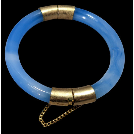 Vintage Midcentury Blue Marbled Glass And Gold Tone Hinged Bracelet