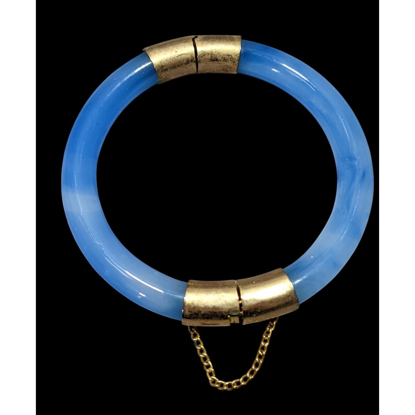 Vintage Midcentury Blue Marbled Glass And Gold Tone Hinged Bracelet