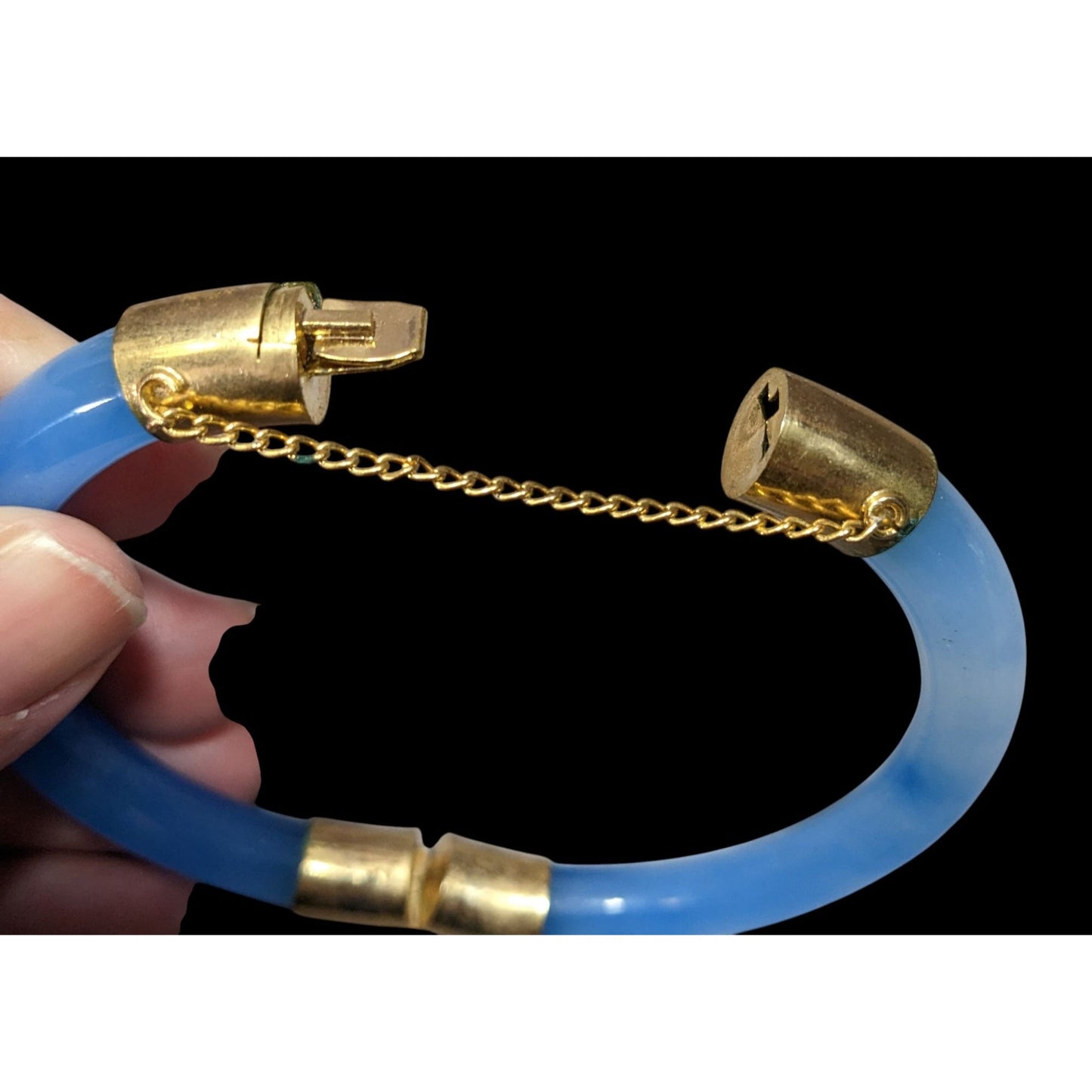 Vintage Midcentury Blue Marbled Glass And Gold Tone Hinged Bracelet