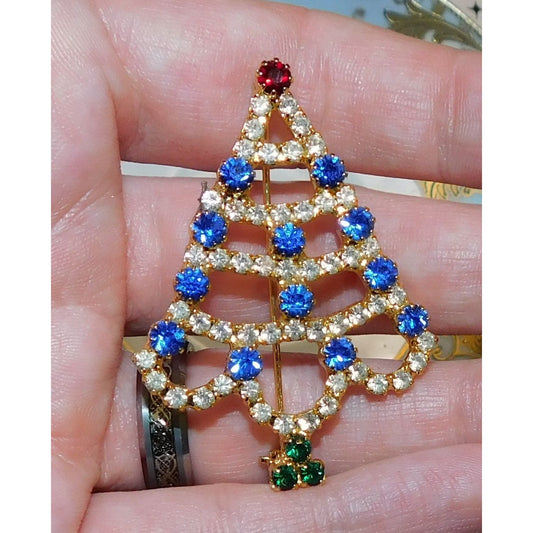 Vintage Christmas Tree Brooch Blue And Gold Tone With Rhinestones