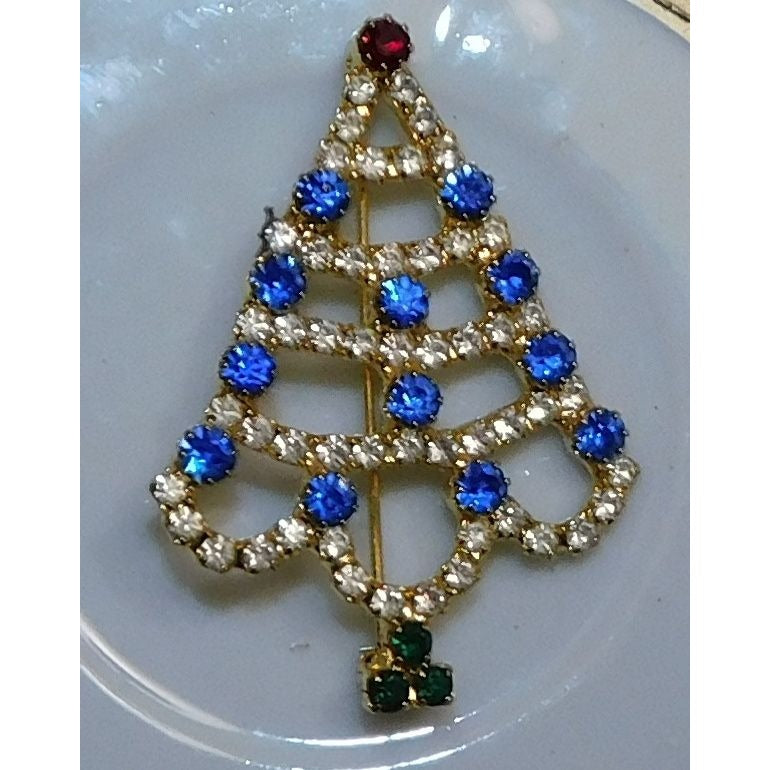 Vintage Christmas Tree Brooch Blue And Gold Tone With Rhinestones