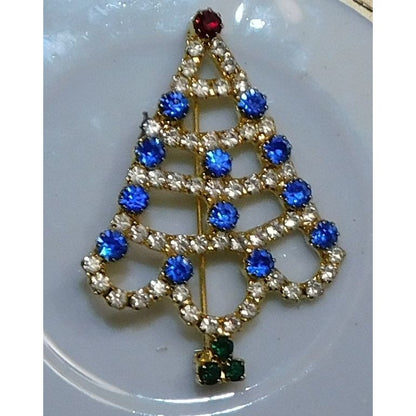 Vintage Christmas Tree Brooch Blue And Gold Tone With Rhinestones