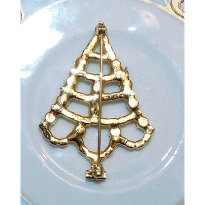 Vintage Christmas Tree Brooch Blue And Gold Tone With Rhinestones