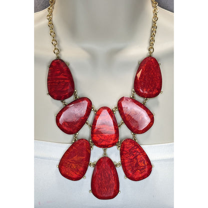 Glam Red Statement Bib Necklace Oversized Faceted Teardrop Gold Tone Runway Jewelry