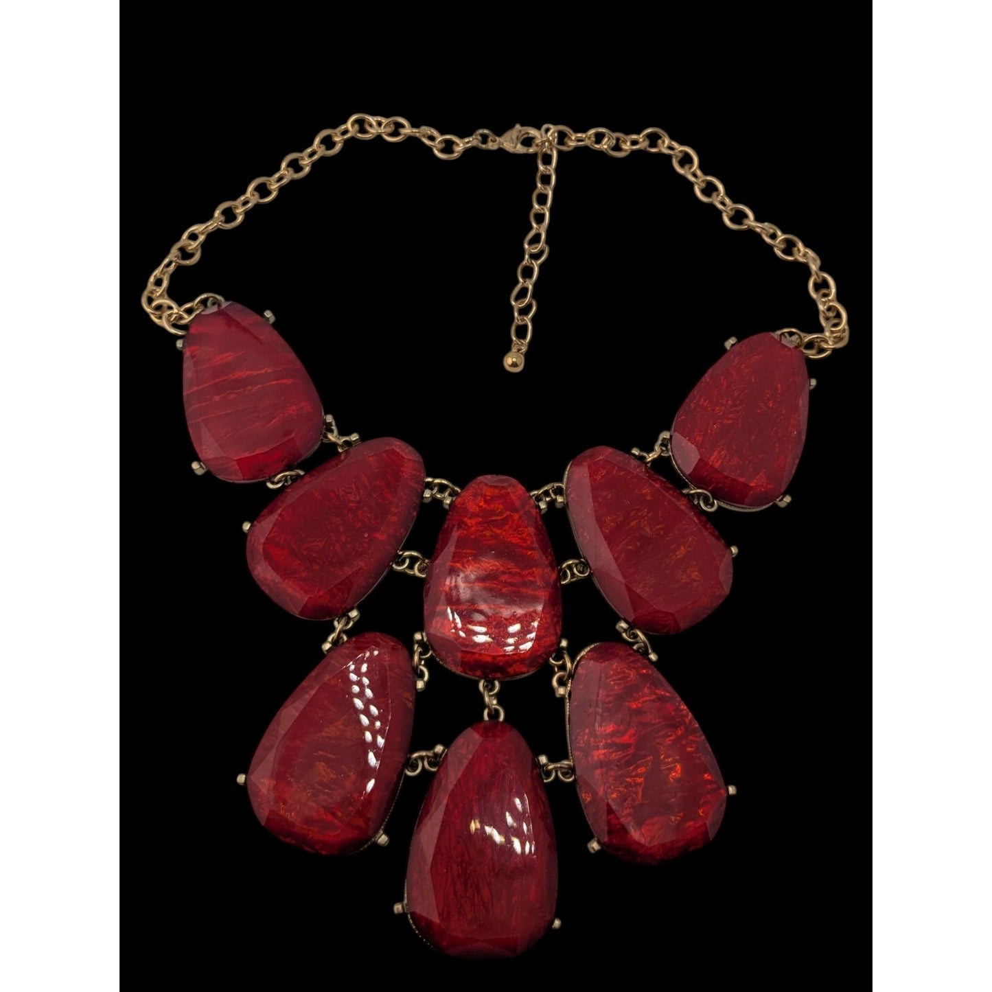 Glam Red Statement Bib Necklace Oversized Faceted Teardrop Gold Tone Runway Jewelry