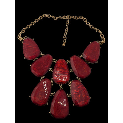 Glam Red Statement Bib Necklace Oversized Faceted Teardrop Gold Tone Runway Jewelry