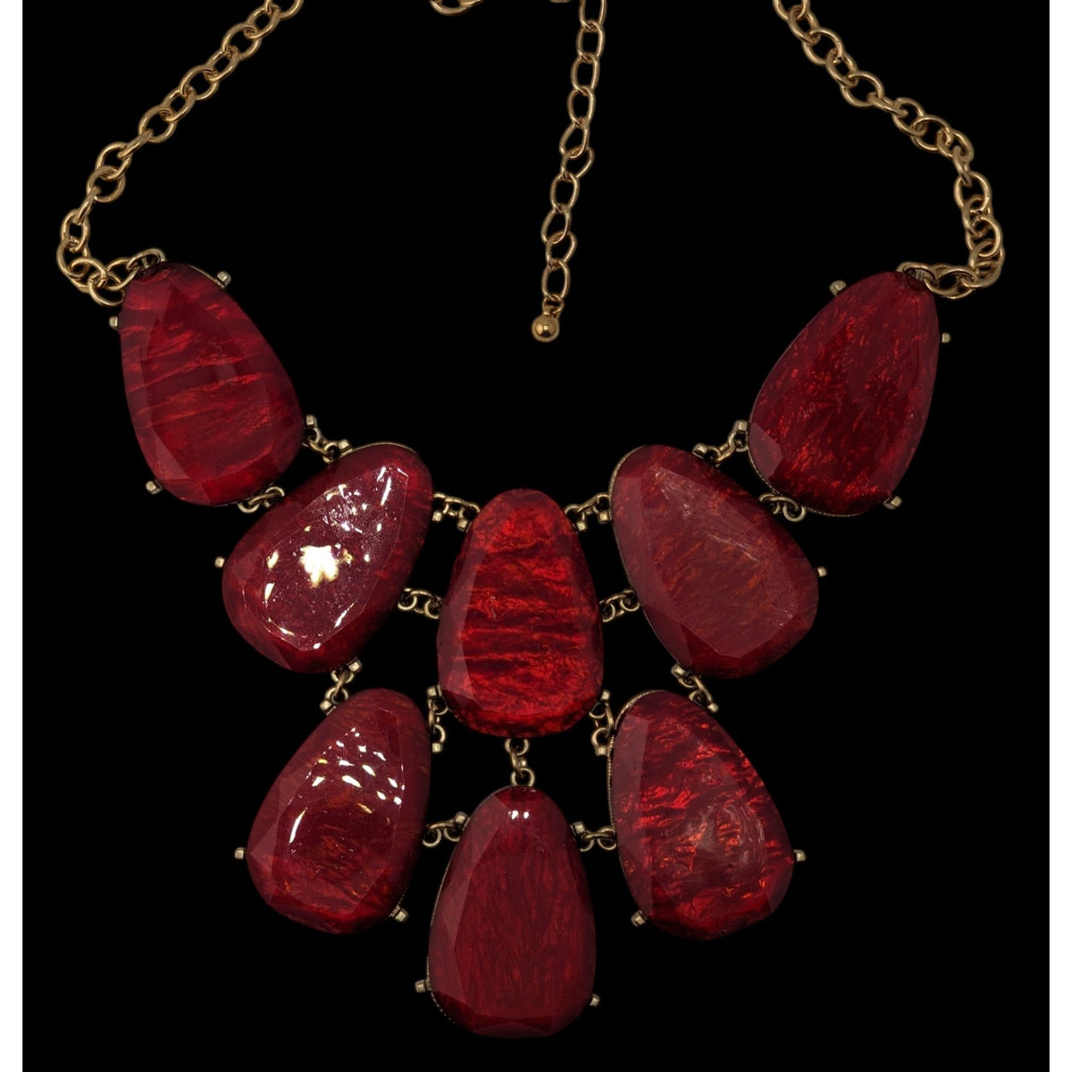 Glam Red Statement Bib Necklace Oversized Faceted Teardrop Gold Tone Runway Jewelry
