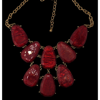 Glam Red Statement Bib Necklace Oversized Faceted Teardrop Gold Tone Runway Jewelry