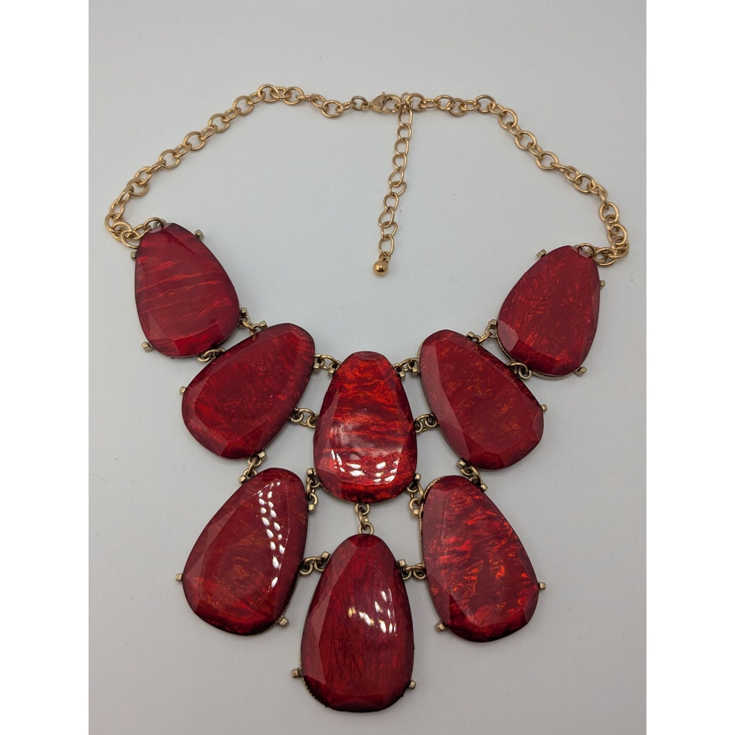 Glam Red Statement Bib Necklace Oversized Faceted Teardrop Gold Tone Runway Jewelry