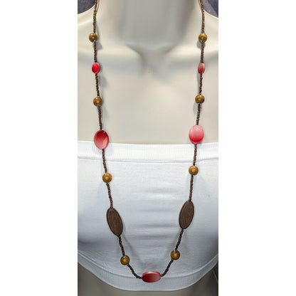 Bohemian Brown And Red Glass Beaded Necklace With Wood & Shell Accents