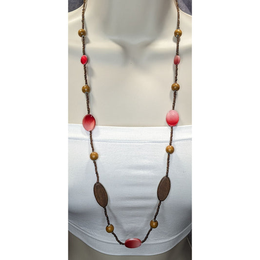 Bohemian Brown And Red Glass Beaded Necklace With Wood & Shell Accents