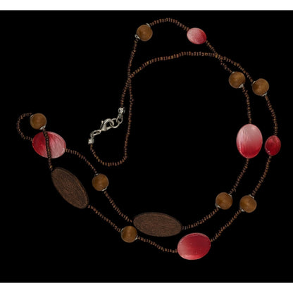 Bohemian Brown And Red Glass Beaded Necklace With Wood & Shell Accents