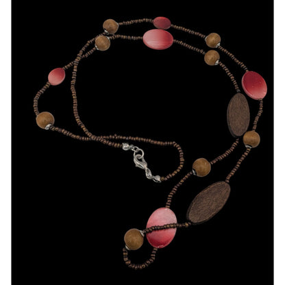 Bohemian Brown And Red Glass Beaded Necklace With Wood & Shell Accents