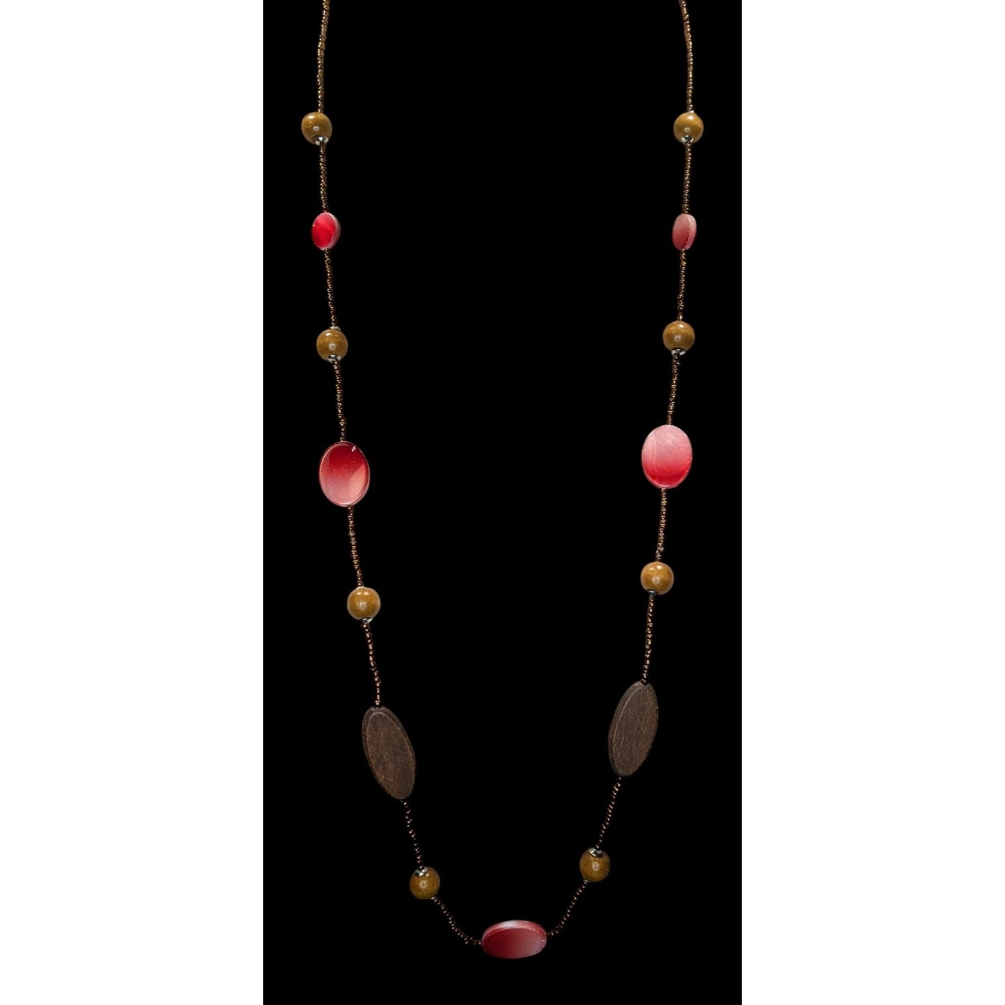 Bohemian Brown And Red Glass Beaded Necklace With Wood & Shell Accents