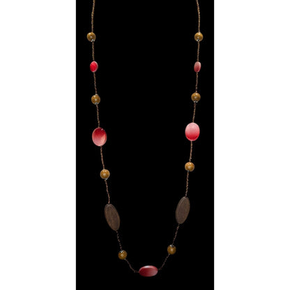 Bohemian Brown And Red Glass Beaded Necklace With Wood & Shell Accents