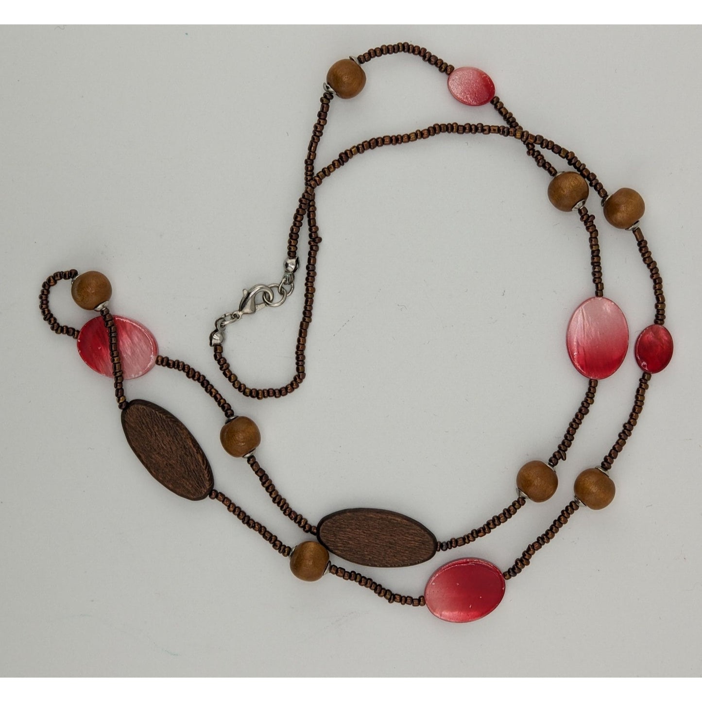 Bohemian Brown And Red Glass Beaded Necklace With Wood & Shell Accents