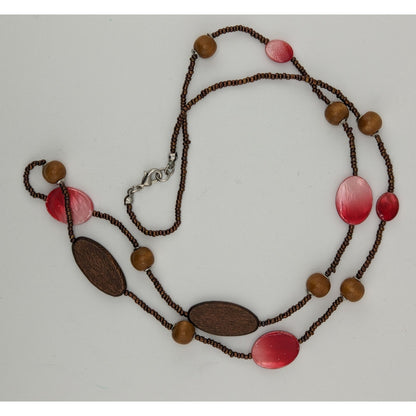 Bohemian Brown And Red Glass Beaded Necklace With Wood & Shell Accents