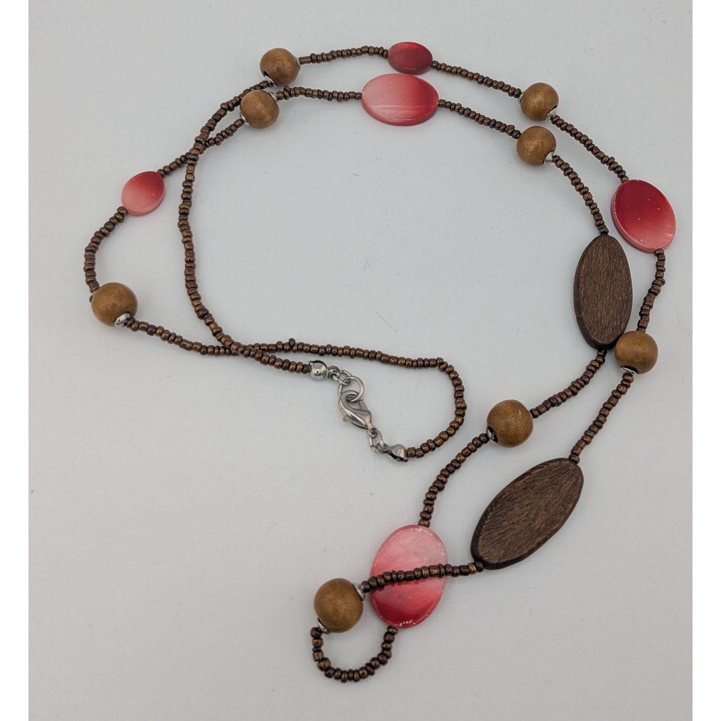 Bohemian Brown And Red Glass Beaded Necklace With Wood & Shell Accents
