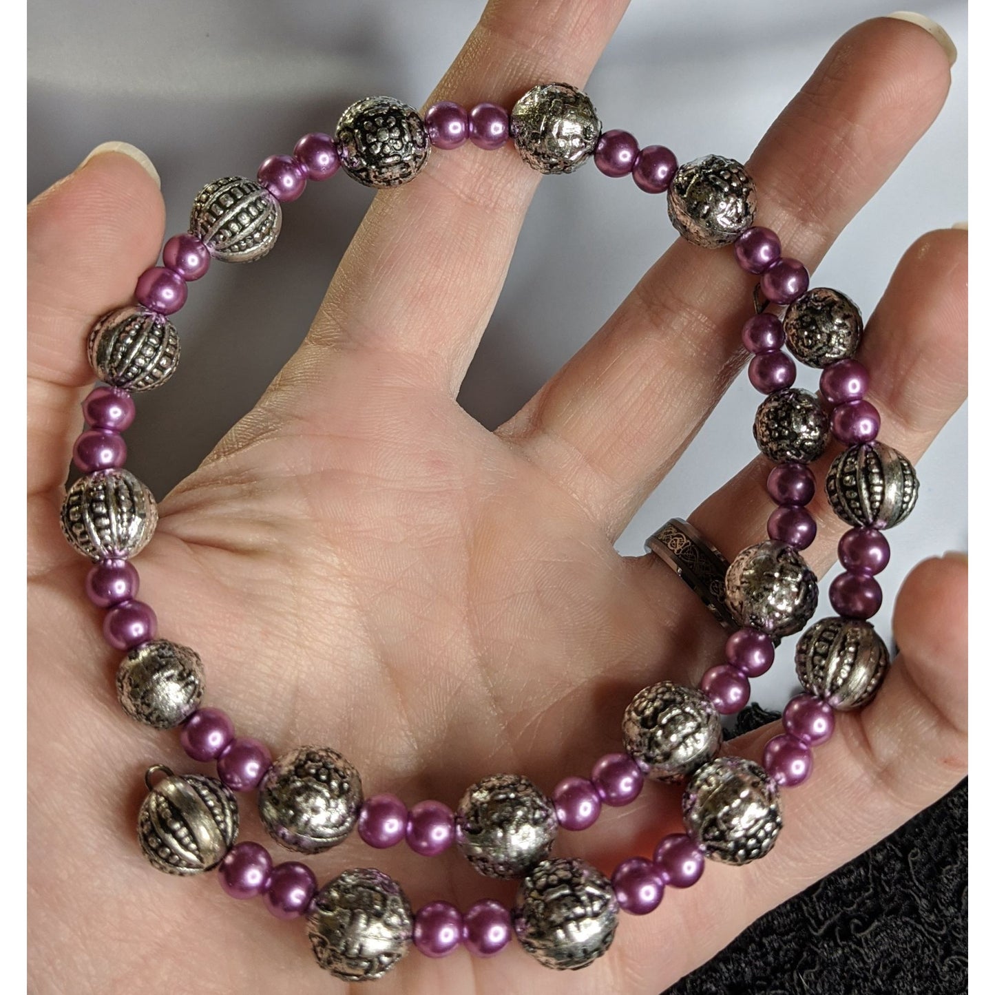 Memory Wire Purple Faux Pearl & Silver-Tone Beaded Adjustable Necklace