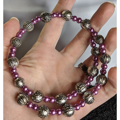 Memory Wire Purple Faux Pearl & Silver-Tone Beaded Adjustable Necklace