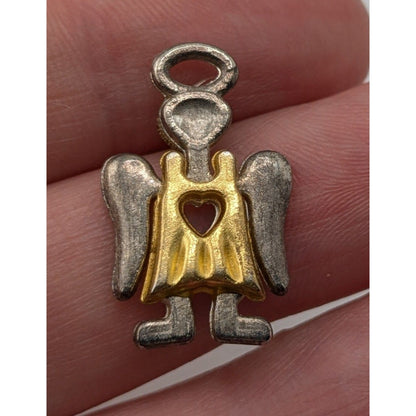 Vintage Guardian Angel Lapel Pin Silver Tone & Gold Heart Accent Cutout