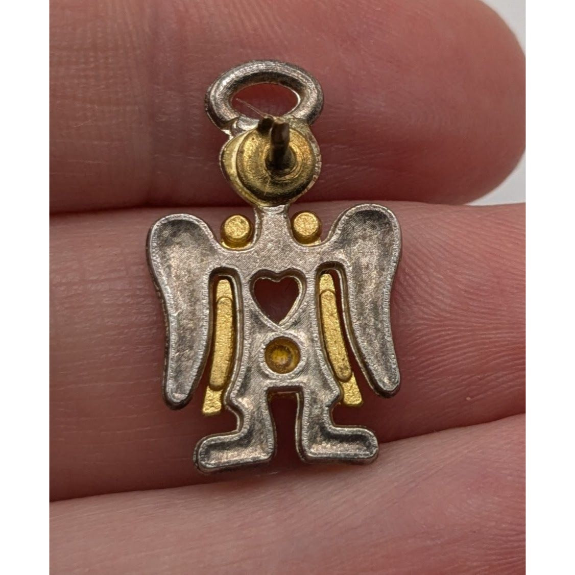 Vintage Guardian Angel Lapel Pin Silver Tone & Gold Heart Accent Cutout