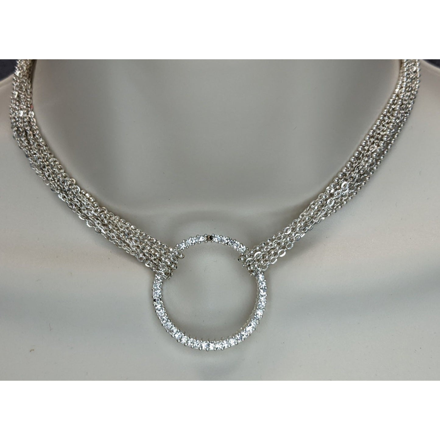 Silver Multi Strand Rhinestone Circle Necklace Modern Glam Statement Jewelry
