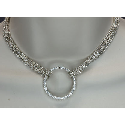 Silver Multi Strand Rhinestone Circle Necklace Modern Glam Statement Jewelry
