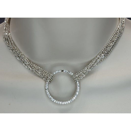 Silver Multi Strand Rhinestone Circle Necklace Modern Glam Statement Jewelry