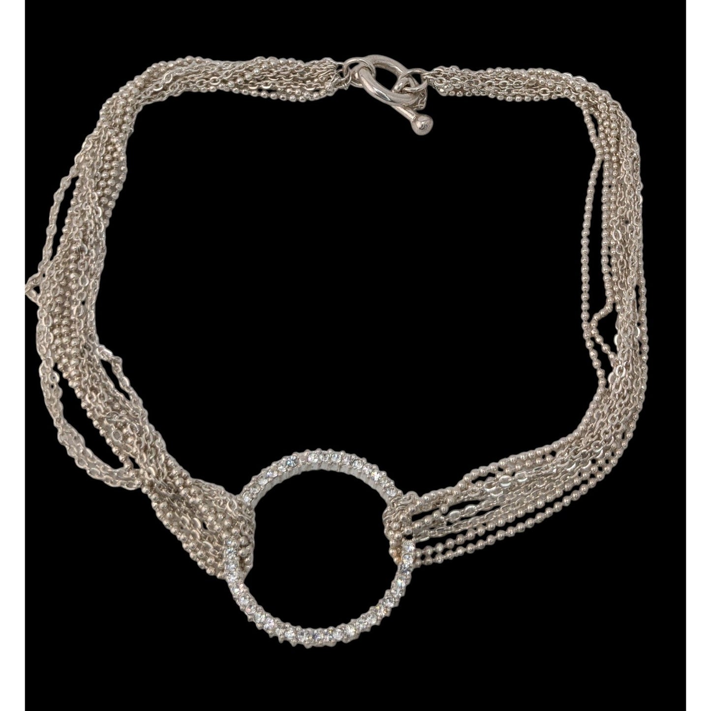 Silver Multi Strand Rhinestone Circle Necklace Modern Glam Statement Jewelry