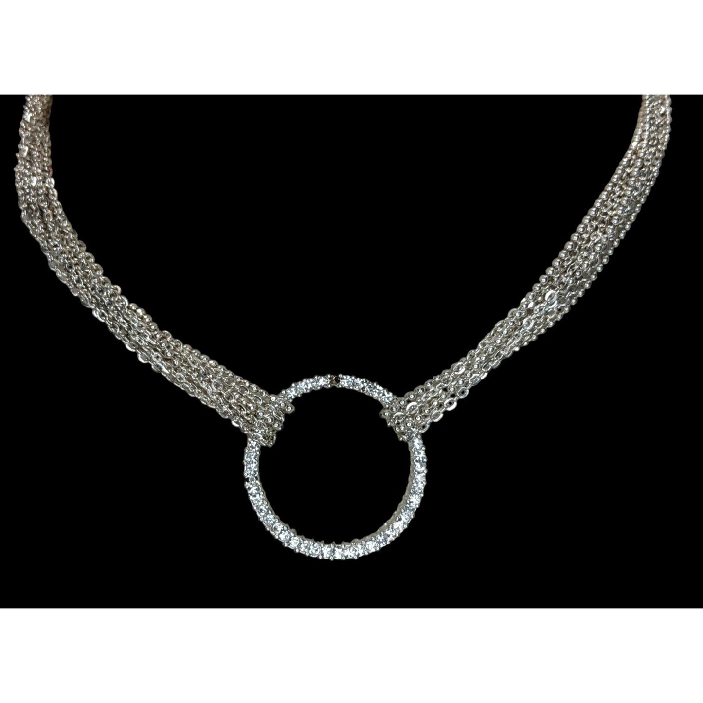Silver Multi Strand Rhinestone Circle Necklace Modern Glam Statement Jewelry