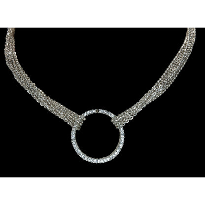 Silver Multi Strand Rhinestone Circle Necklace Modern Glam Statement Jewelry