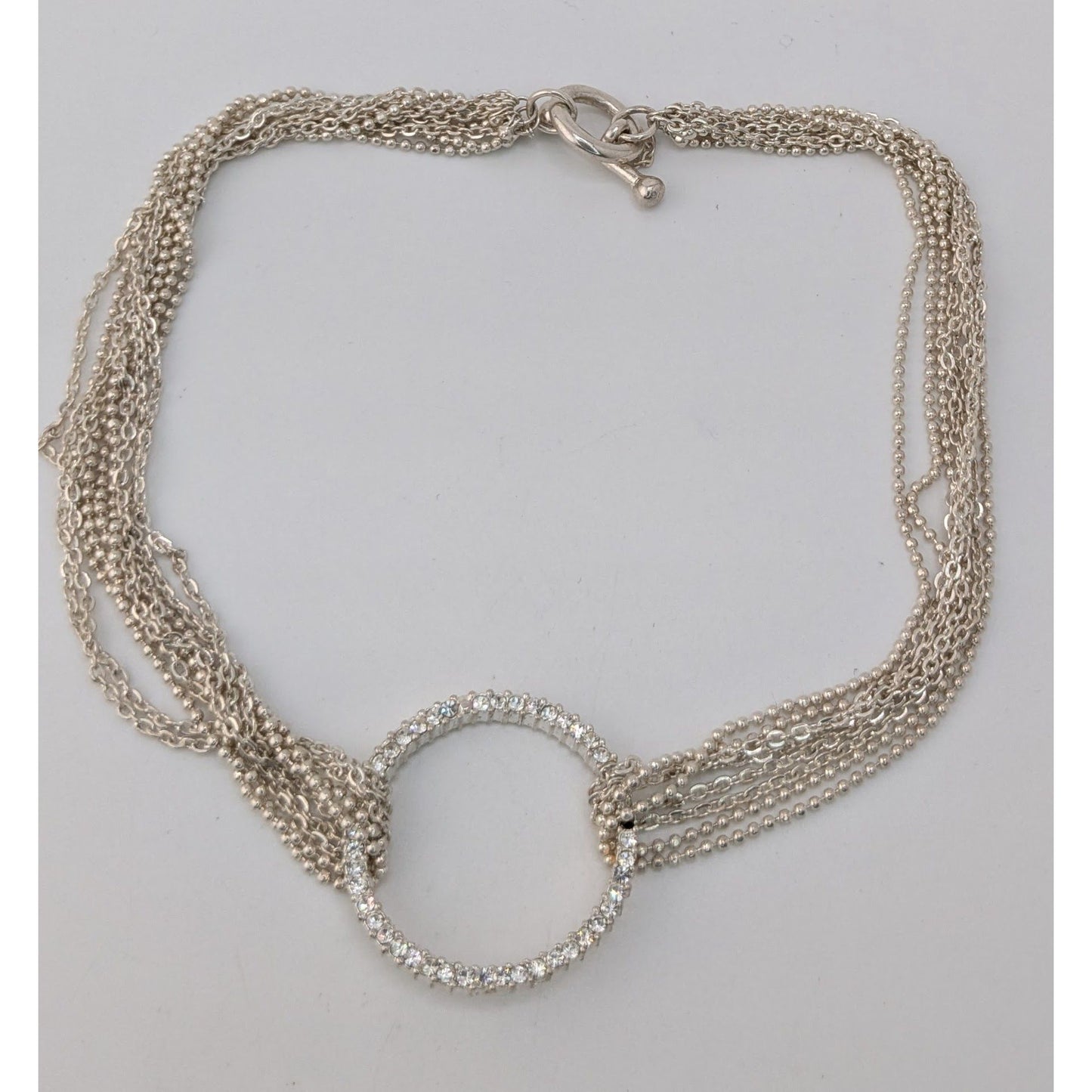 Silver Multi Strand Rhinestone Circle Necklace Modern Glam Statement Jewelry