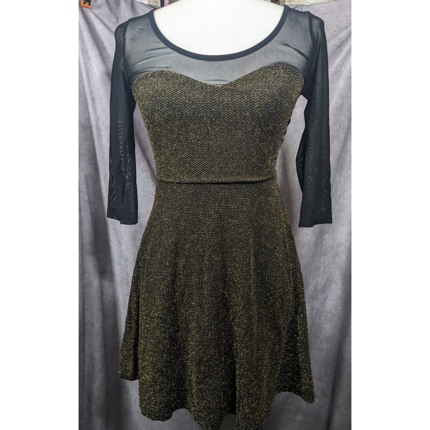 Material Girl Gothic Glam 80s Style Black And Gold Mesh Top Dress Size Small